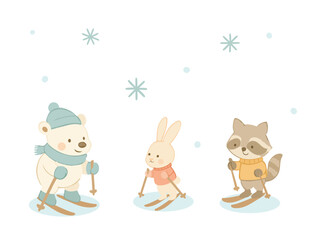 Merry christmas card with skiing polar bear, bunny and raccoon, cute winter animals in pastel scarves with simple snowflakes on white.
