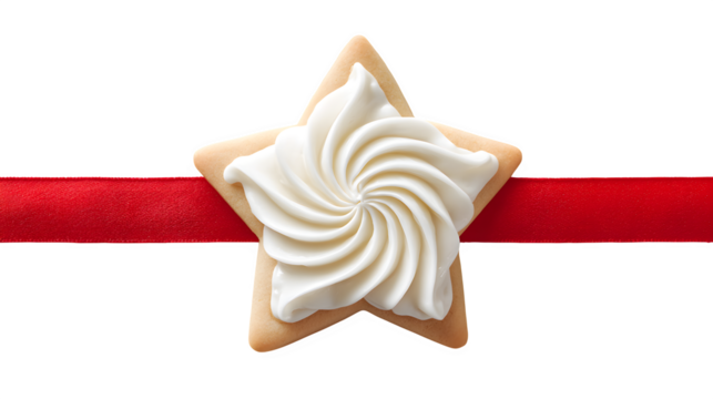A single, perfect star-shaped sugar cookie, decorated with minimalist white icing swirls, placed on a red ribbon. Elegant food styling, sharp focus, isolated on white background.