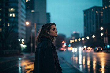 A Woman's Contemplation Urban Reflections and Serenity Amidst the City's Nightlife