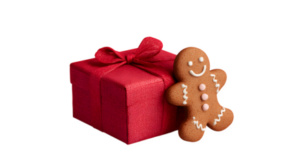 A single, perfectly wrapped red gift box, with a gingerbread man cookie leaning against it instead of a bow. Charming and whimsical still life, photorealistic, isolated on white background.