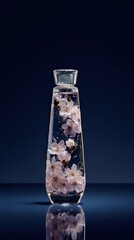 Clear glass bottle filled with water and floating pink cherry blossoms, symbolizing natural essence and beauty for cosmetic products.