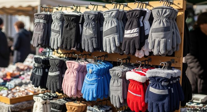 An assortment of warm winter gloves for sale at an outdoor market. Colorful fleece handwear on a display rack for cold weather shopping.