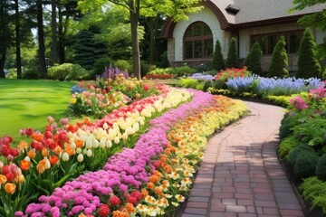 Obraz premium Vibrant tulips and colorful flowers line a winding brick path in a beautifully landscaped garden