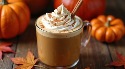Glass mug of pumpkin spice latte topped with whipped cream and cinnamon, surrounded by autumn leaves and cinnamon sticks, perfect for fall and cozy drinks