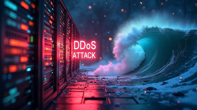 A dramatic visual depicting a wave crashing against server racks, emphasizing the concept of a DDoS attack.