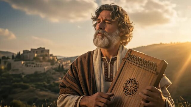 David in biblical clothing is playing a psaltery instrument with a historical town background during sunset, religious theme video.