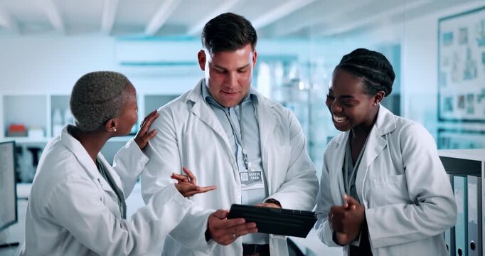 Scientist, team and high five with tablet for chemistry, medical research or discovery. Biotech, laboratory and people with sample breakthrough for pharmaceutical, forensic or pathology experiment