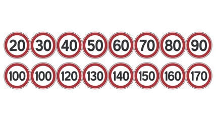 Set of speed limit signs regulatory traffic signs indicating maximum speed in kilometers per hour isolated on white background