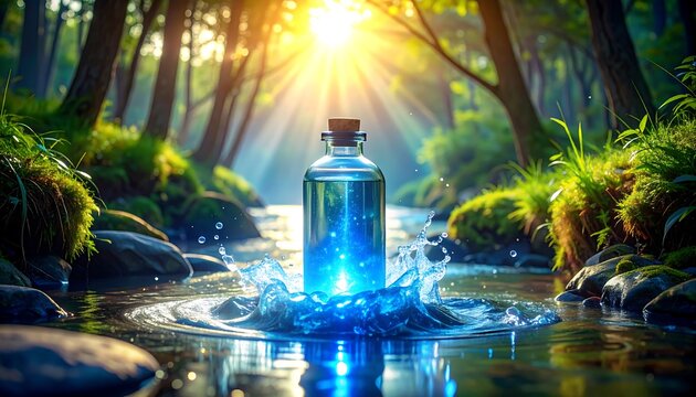 Bottle with magical blue liquid in a forest stream, sun shining between trees, water splashing around the bottle