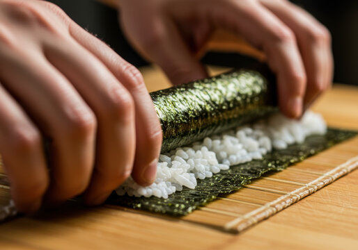 Hands carefully rolling sushi with seaweed and rice on bamboo mat, traditional japanese cuisine preparation in close up