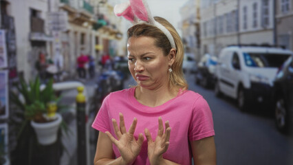 Woman with bunny ears grimaces and raises hands in rejection on street full of cars and shops;...