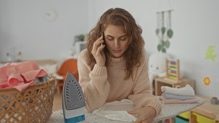 Woman talking on phone in cozy home laundry room, focusing on ironing clothes with a basket and iron on the board, creating a casual and warm domestic atmosphere.