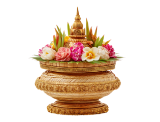 Golden Thai Offering Vessel with Intricate Design and Vibrant Tropical Flowers isolated on a transparent background