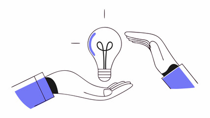 A pair of hands exchanging a glowing light bulb symbolizing the transfer of ideas and innovation between a mentor and a mentee emphasizing inspiration and creativity.