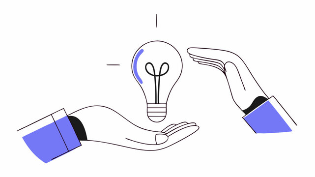 A pair of hands exchanging a glowing light bulb symbolizing the transfer of ideas and innovation between a mentor and a mentee emphasizing inspiration and creativity.