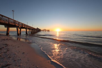 Fototapeta premium Fort Myers Sunrise Scene: Pier Overlooking Beach with Beautiful Morning Horizon