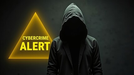 A mysterious figure in a hooded jacket stands against a dark background with a bold 'Cybercrime Alert' sign glowing in yellow.
