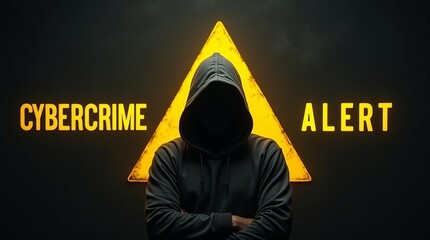 A hooded figure stands against a dark background, conveying a sense of mystery and warning about cybercrime.