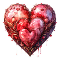 Watercolor heart with three-dimensional center, ornate gold frame