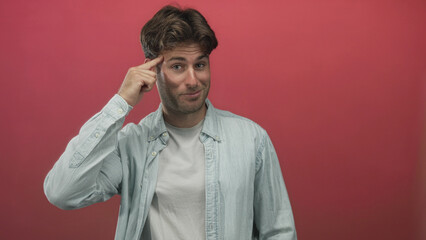 Young hispanic man touching temple with index finger in studio against pink wall; thoughtful curiosity.