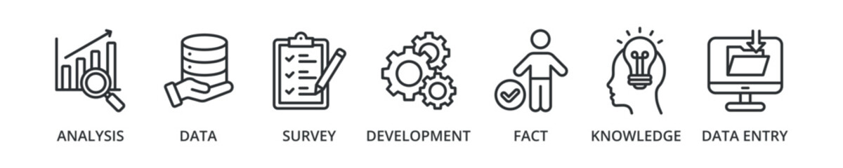 Research banner icon with analysis, data, survey, development, fact, knowledge, data entry
