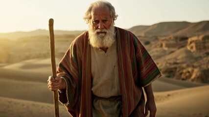 Old man with a staff walking through desert sand dunes, ancient biblical figure on journey, religious history footage. - Powered by Adobe