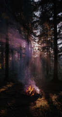 Mysterious campfire glows in a dark misty forest at dusk with ethereal light rays
