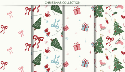 Set of Christmas patterns with cute chalk doodles. Xmas ornaments. Crayon style. Seamless winter backgrounds.