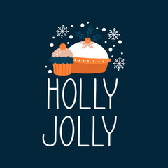 Christmas card featuring festive baked goods and hand lettering "Holly Jolly".