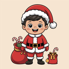 Cute christmas boy dressed as santa claus with gifts and candy cane illustration