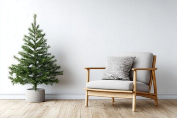 Fototapeta premium A potted evergreen tree stands next to a modern armchair with a pillow.