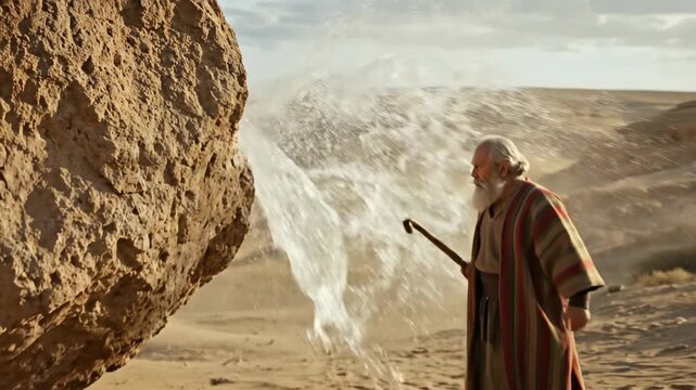 Moses in desert raising his staff to a rock, striking it and water flowing from the rock, biblical prophet story footage.