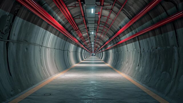 Tunnel vision: Perspective view inside long tunnel with overhead piping & yellow stripes. Concrete walls converge in the distance. Industrial architecture.