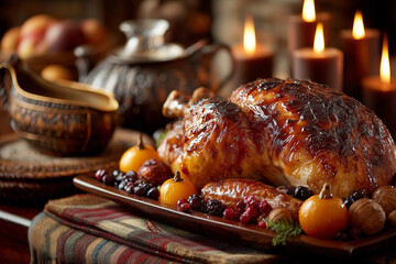 Roasted Turkey on Rustic Wooden Table &mdash; Traditional Thanksgiving Feast Still Life. Delicious roasted turkey served as the centerpiece of a traditional Thanksgiving dinner.