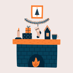 Holiday card featuring a Christmas fireplace and accessories. Hand-lettered.