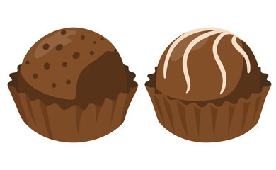 Chocolate candies. Delicious dessert various sphere sweets with chocolate creamy, dark truffle decent vector sugar candies. Cartoon style isolated vector illustration.