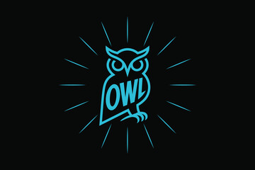 owl logo with glowing neon teal radiating light beams on black background design element