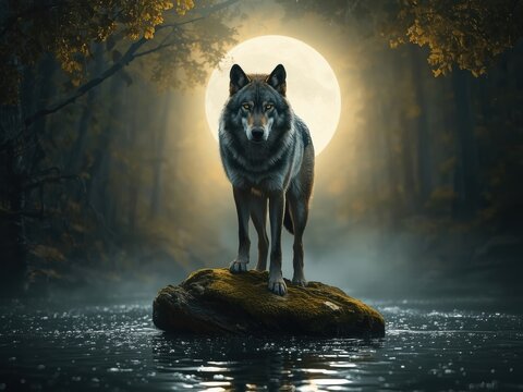 Majestic wolf stands alert on mossy rock in misty forest under luminous full moon glow - Powered by Adobe