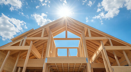 Wooden house frame stands under blue sky with sunlight shining through, highlighting construction progress and natural materials.