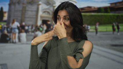 Fototapeta premium Woman with bare chin touches face at leaning tower building in crowded tourist plaza; contemplation.