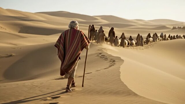 Man leads people and sheep through sandy desert dunes depicting biblical times migration footage
