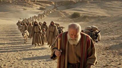 Old man leading a procession of people and animals through a desert landscape in biblical times footage