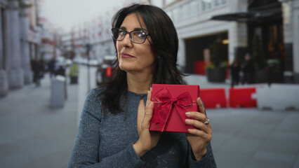 Middle age hispanic woman holding red gift box and raising hand while inspecting present on street; surprise curiosity anticipation.