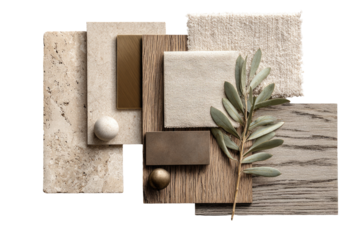 Beige, brown, and gold material swatches