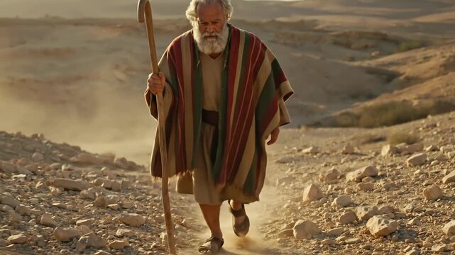 An old man, prophet Moses, walking in desert with staff on sandy road, spirituality and devotion for religious study footage
