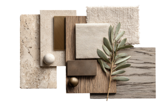 Beige, brown, and gold material swatches