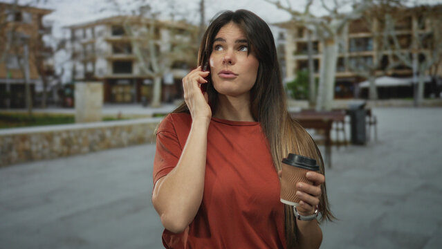 Young hispanic woman talking on smartphone while holding coffee cup outdoors on city street with blurred urban background.