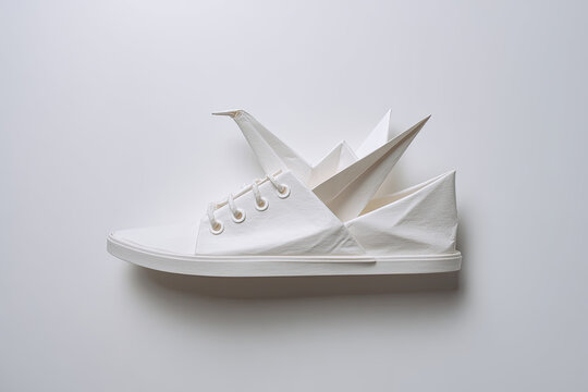 White shoe floating in white background. minimal concept idea creative. origami style - Powered by Adobe