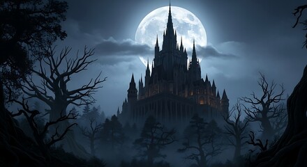 A magnificent and menacing gothic castle with sharp spires looms over a dark forest, silhouetted against a huge, glowing full moon and framed by spooky, bare trees.