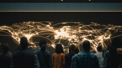 Diverse group observing illuminated digital world map display.